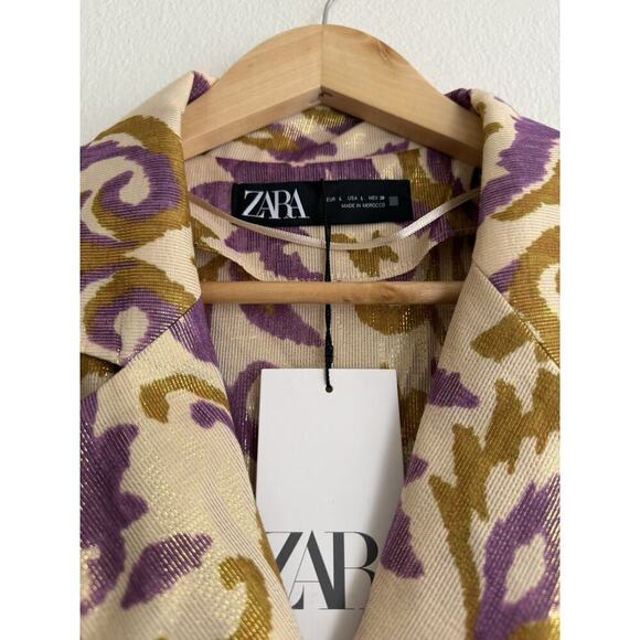Zara Purple Metallic Gold Blazer And Pants 2 Piece‎ Set Wrap Kimono Cotton Sz L - Picture 7 of 13